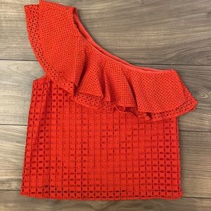 One shoulder ruffle eyelet top